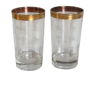 Vintage Mid Century Modern Set of 2 Cocktail Glasses Crystal Etched Gold Rims